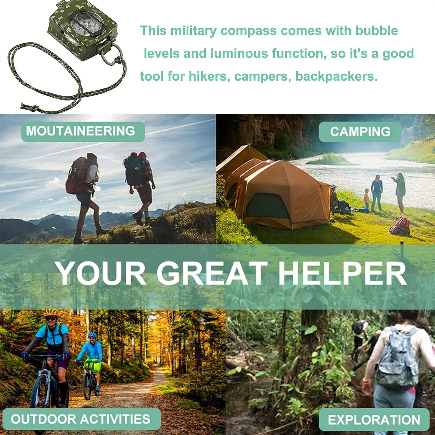 Compass, Military, Waterproof, Sighting, Bubble Levels, Carrying Bag, for Hiking, Camping, Climbing, Biking.
