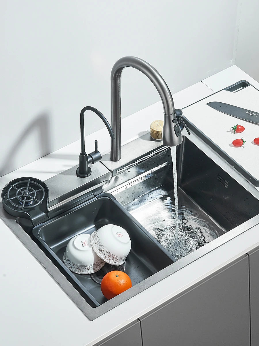 Waterfall Kitchen Sink Stainless Steel Sink Large Single basin With Single Slot Sink Above Counter