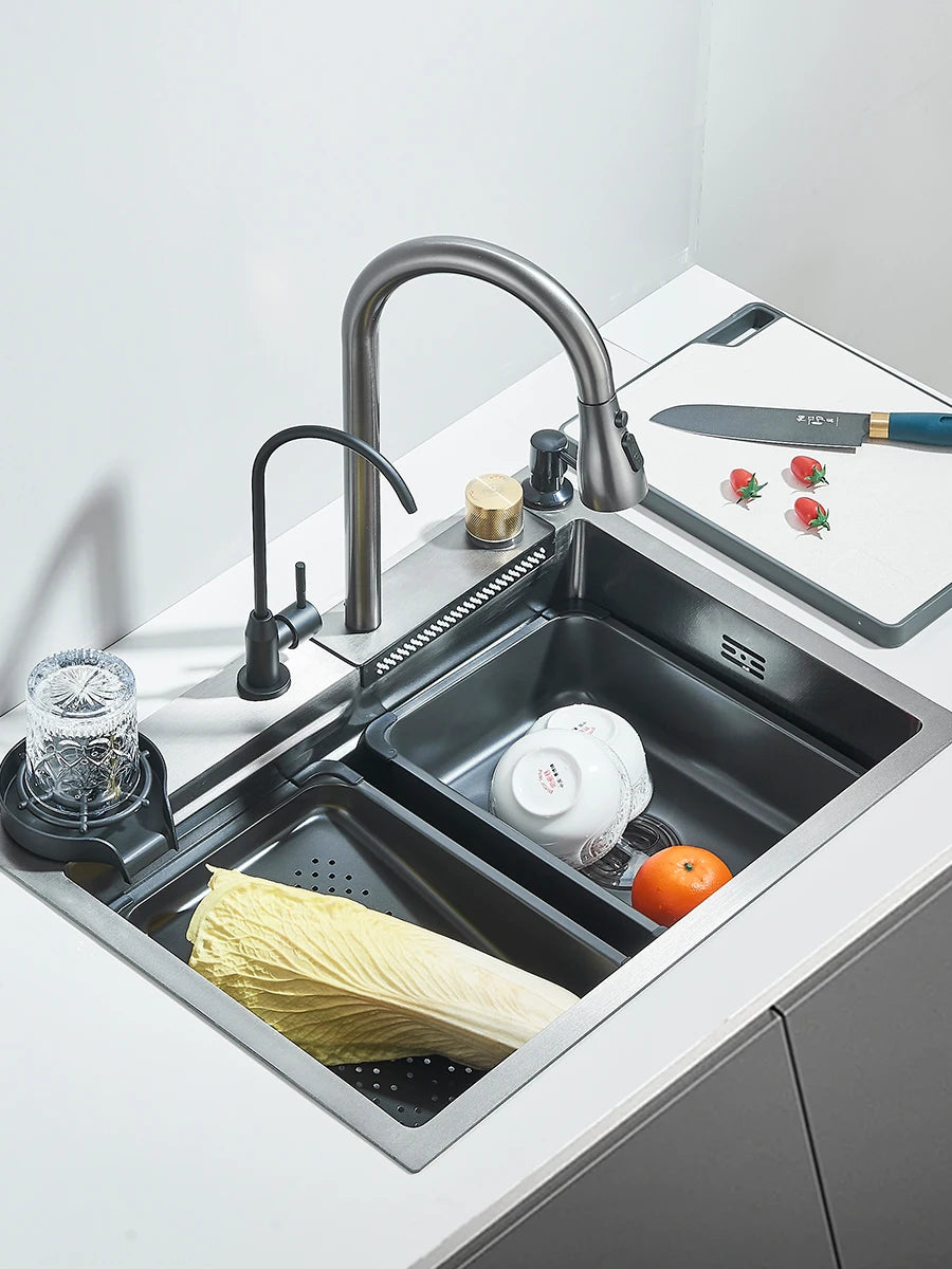 Waterfall Kitchen Sink Stainless Steel Sink Large Single basin With Single Slot Sink Above Counter