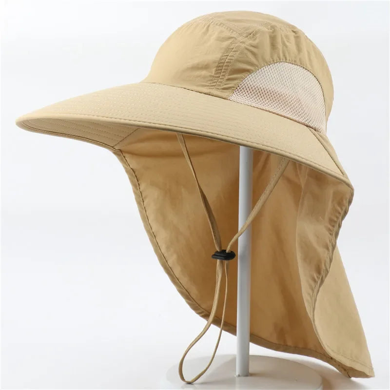 Outdoor Fisherman Hat Wide Brim Bucket Hat with Neck Cover Men Summer Breathable Mesh Sun Protection Visor Anti UV Cap Unisex