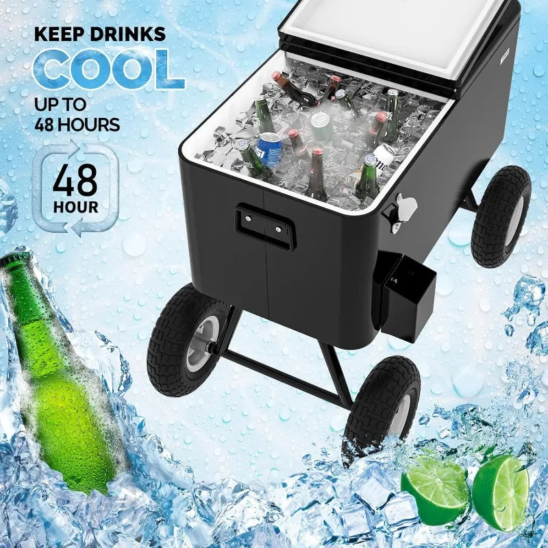 80 Quart Wagon Rolling Cooler Ice Chest, w/Long Handle and 10" Wheels, Portable Beach Patio Party Bar Cold Drink Beverage