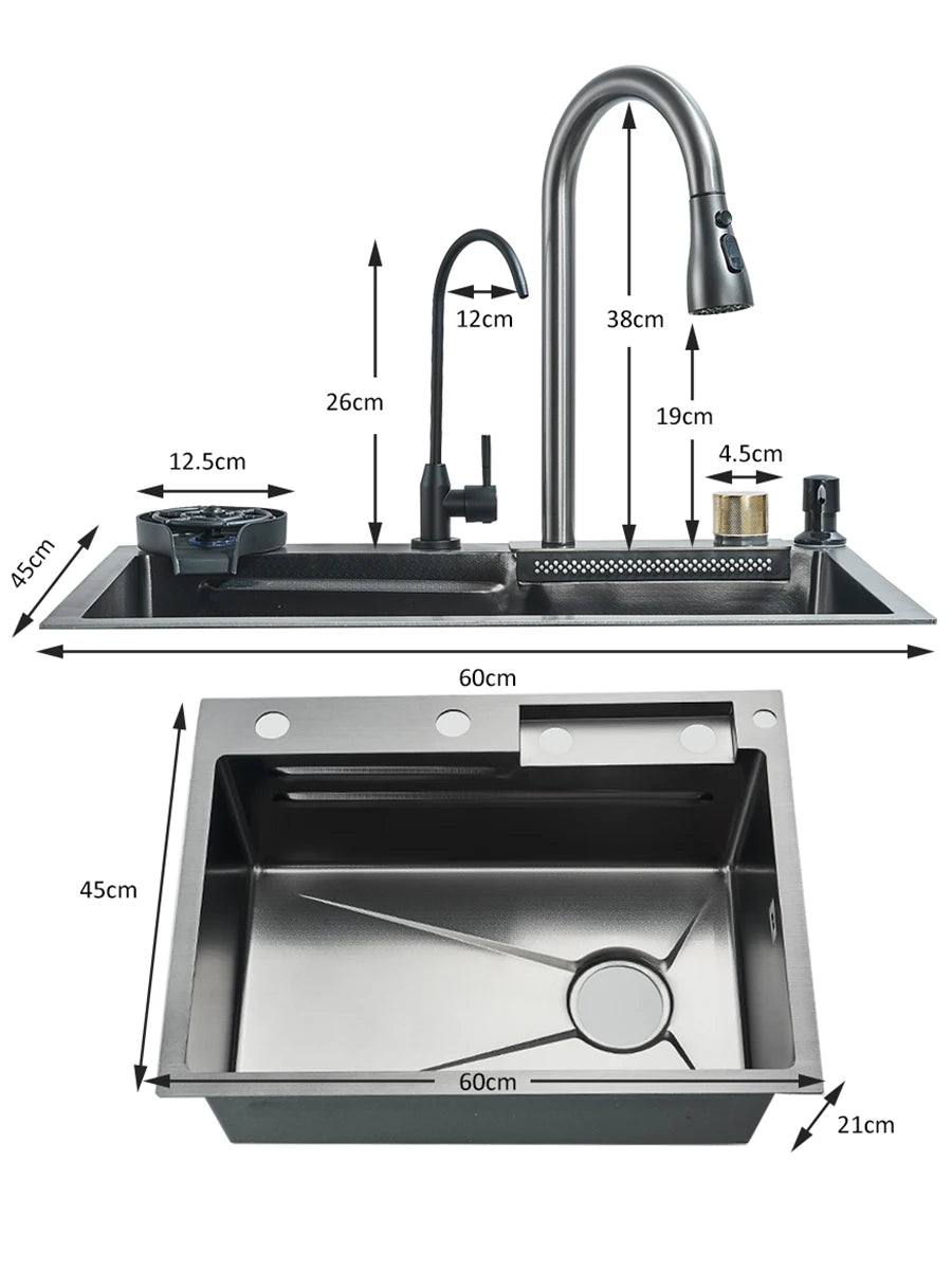 Waterfall Kitchen Sink Stainless Steel Sink Large Single basin With Single Slot Sink Above Counter