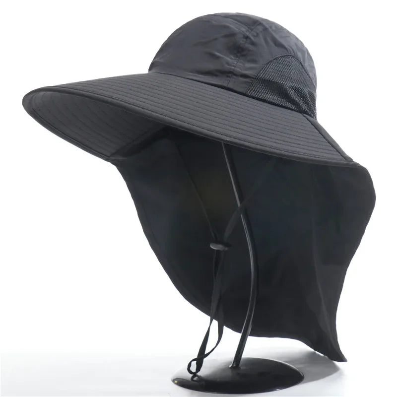 Outdoor Fisherman Hat Wide Brim Bucket Hat with Neck Cover Men Summer Breathable Mesh Sun Protection Visor Anti UV Cap Unisex