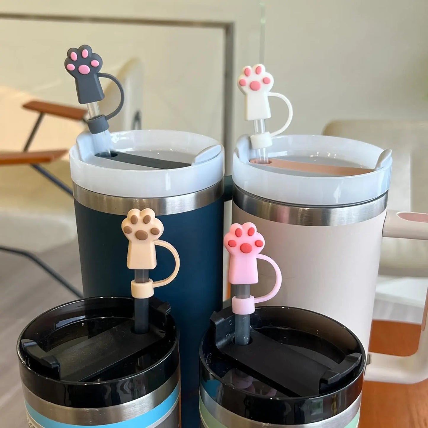 6Pcs 10mm Cute Silicone Straw Toppers Cat Paw Straw Cover For Stanley 30/40oz Tumbler Cup Reusable Dust-Proof Spill-Proof Plug