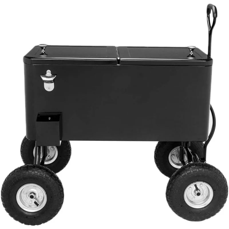 80 Quart Wagon Rolling Cooler Ice Chest, w/Long Handle and 10" Wheels, Portable Beach Patio Party Bar Cold Drink Beverage