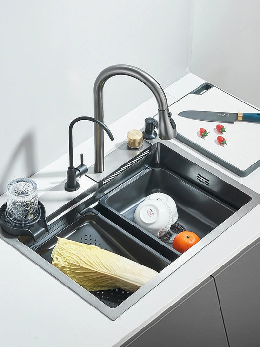 Waterfall Kitchen Sink Stainless Steel Sink Large Single basin With Single Slot Sink Above Counter