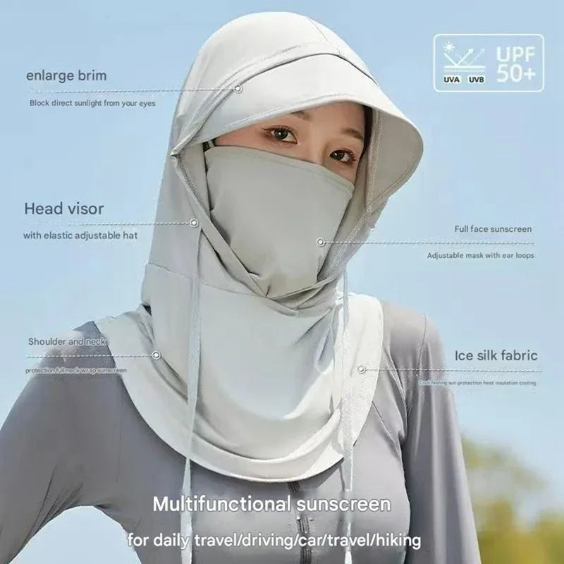 Summer 360 Full Face Sun Protection Mask. Hat Ice Silk Anti-UV Fishing Cycling Hood Neck Mask Covers Integrated Sunhat
