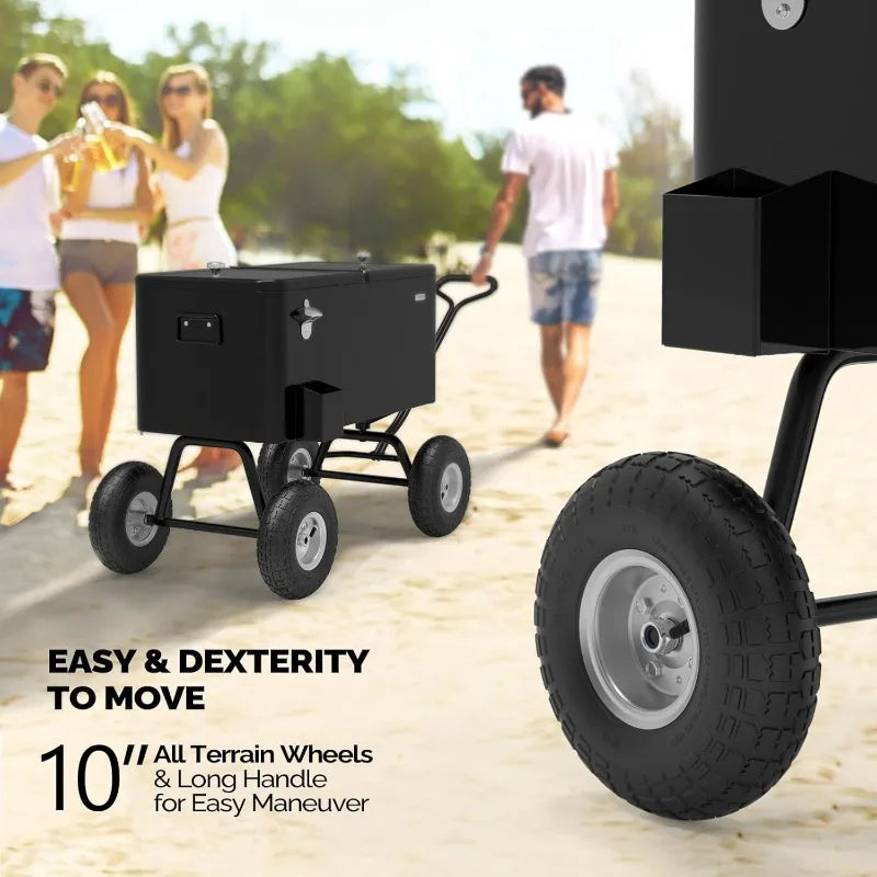 80 Quart Wagon Rolling Cooler Ice Chest, w/Long Handle and 10" Wheels, Portable Beach Patio Party Bar Cold Drink Beverage