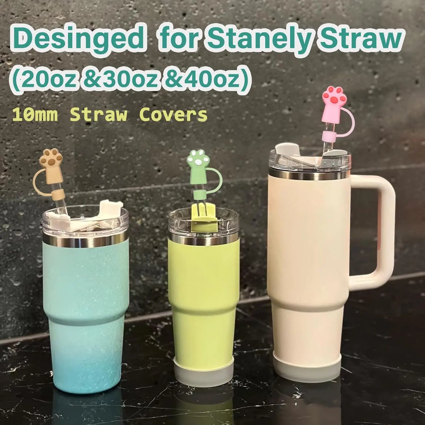 6Pcs 10mm Cute Silicone Straw Toppers Cat Paw Straw Cover For Stanley 30/40oz Tumbler Cup Reusable Dust-Proof Spill-Proof Plug
