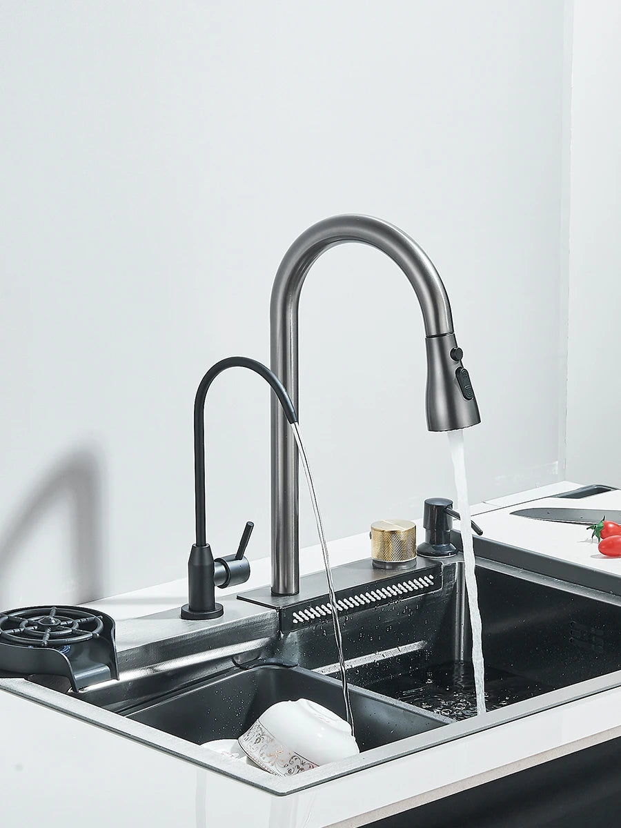Waterfall Kitchen Sink Stainless Steel Sink Large Single basin With Single Slot Sink Above Counter