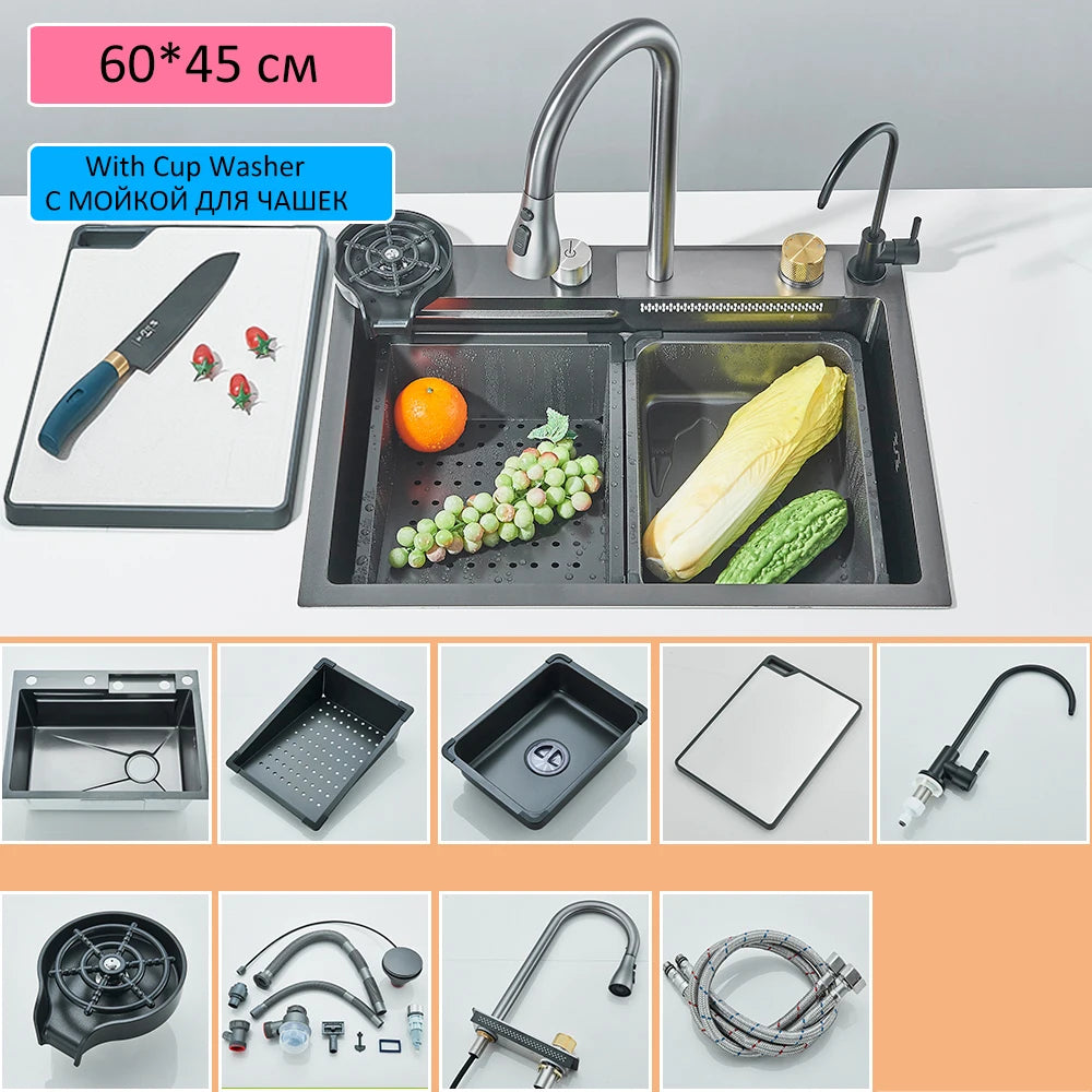 Waterfall Kitchen Sink Stainless Steel Sink Large Single basin With Single Slot Sink Above Counter
