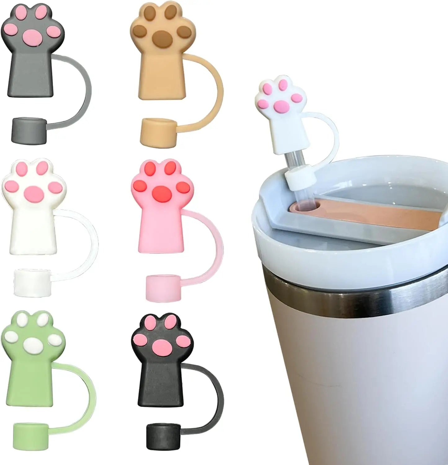 6Pcs 10mm Cute Silicone Straw Toppers Cat Paw Straw Cover For Stanley 30/40oz Tumbler Cup Reusable Dust-Proof Spill-Proof Plug