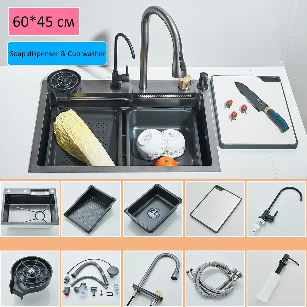 Waterfall Kitchen Sink Stainless Steel Sink Large Single basin With Single Slot Sink Above Counter