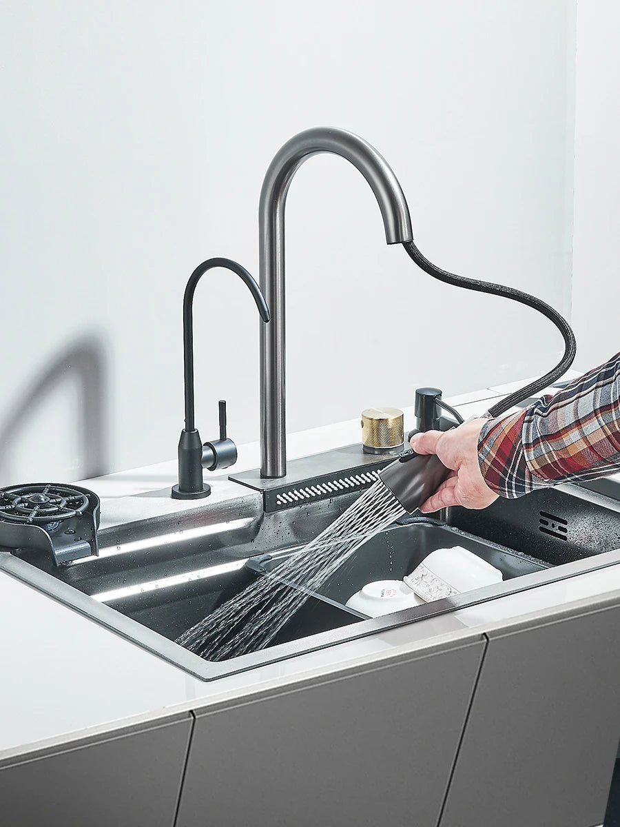 Waterfall Kitchen Sink Stainless Steel Sink Large Single basin With Single Slot Sink Above Counter