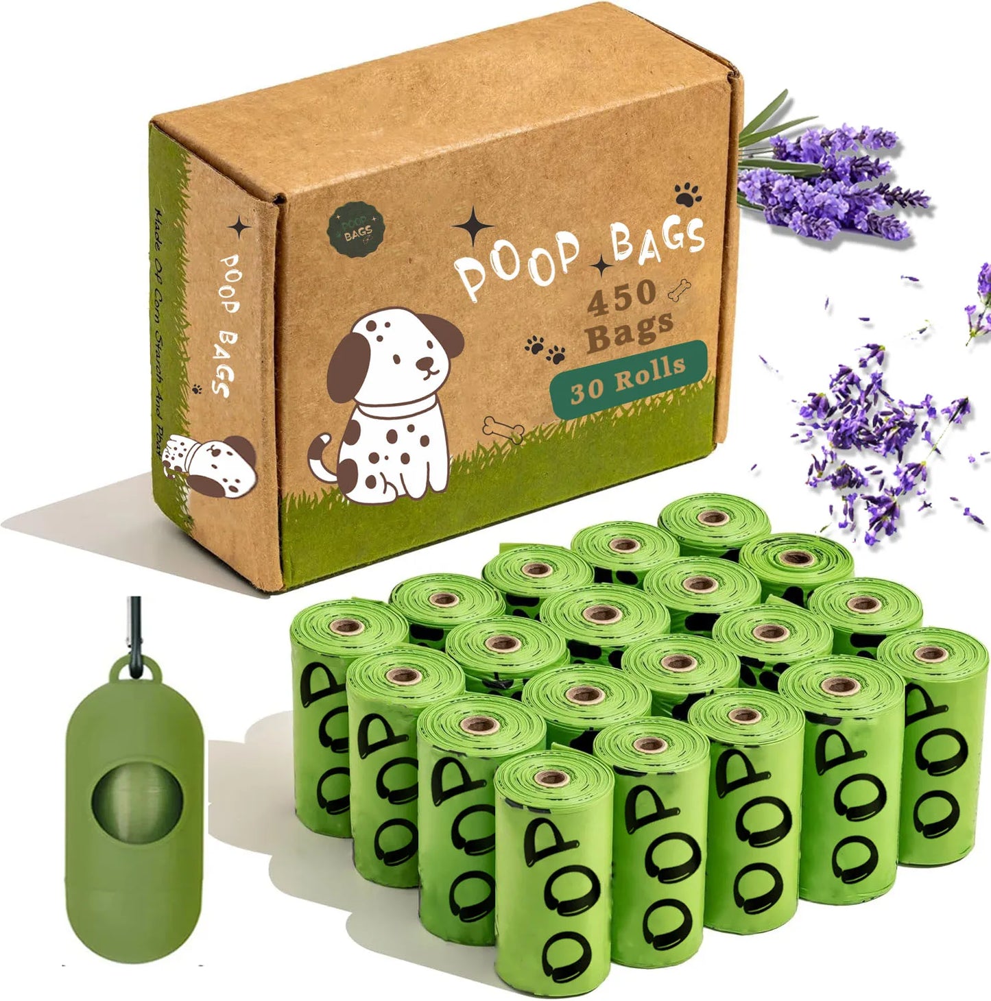 Biodegradable Dog Poop Bags.  Lavender Scented Pet Poop Bags With Holder. Extra Thick Leakproof Dog Poop Bags With Dispenser.