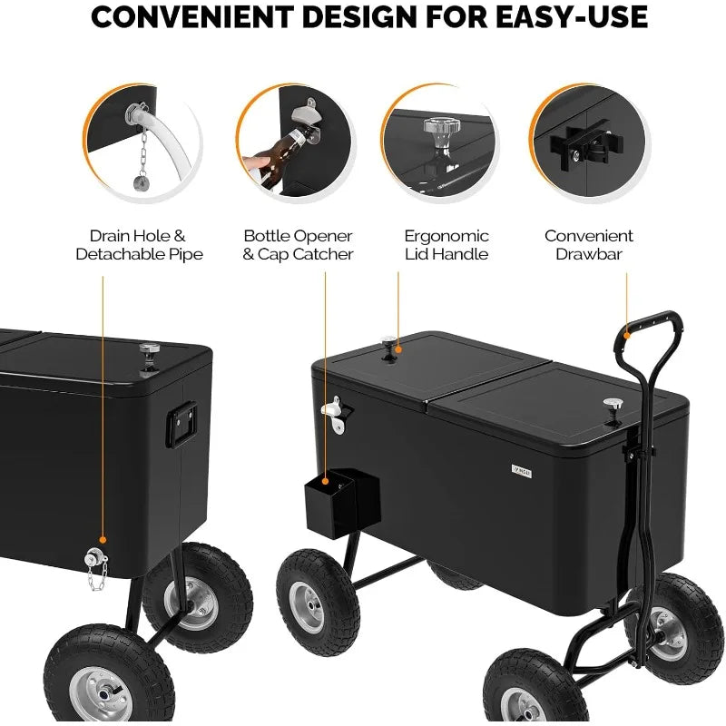 80 Quart Wagon Rolling Cooler Ice Chest, w/Long Handle and 10" Wheels, Portable Beach Patio Party Bar Cold Drink Beverage