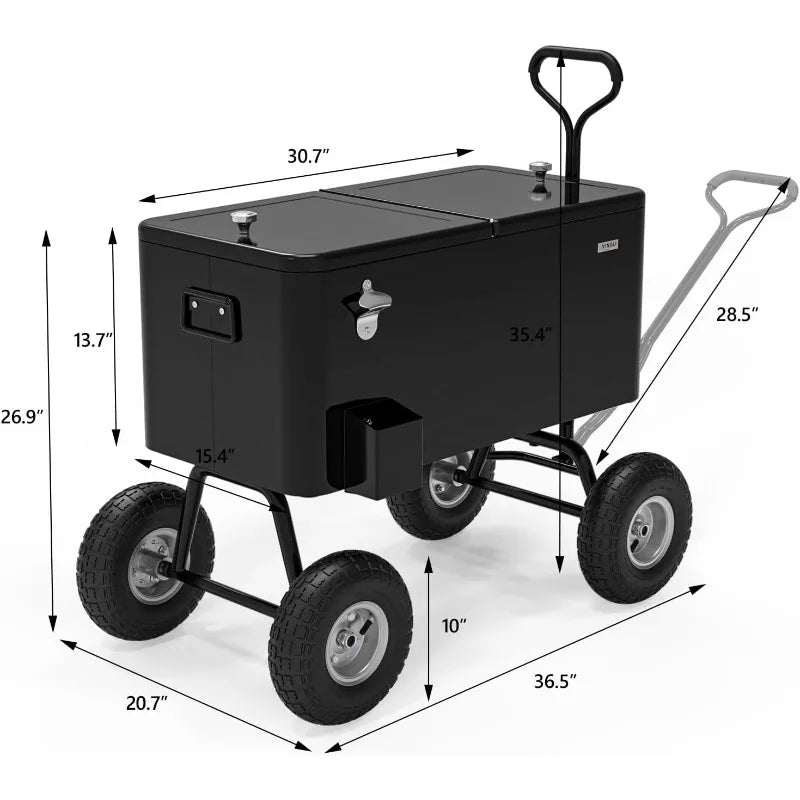 80 Quart Wagon Rolling Cooler Ice Chest, w/Long Handle and 10" Wheels, Portable Beach Patio Party Bar Cold Drink Beverage