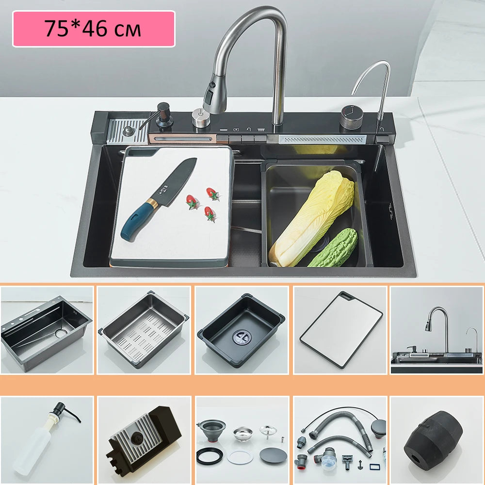 Waterfall Kitchen Sink Stainless Steel Sink Large Single basin With Single Slot Sink Above Counter