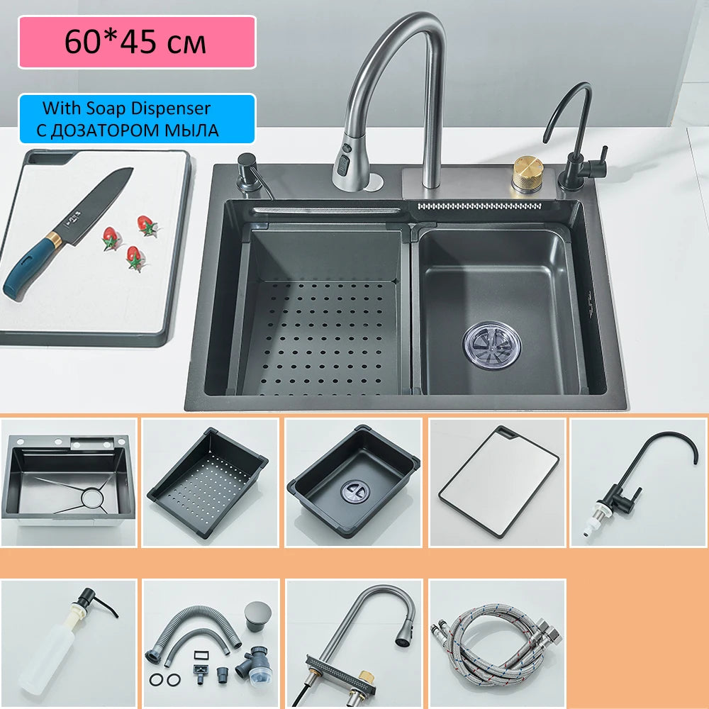 Waterfall Kitchen Sink Stainless Steel Sink Large Single basin With Single Slot Sink Above Counter