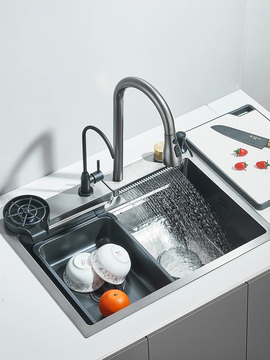 Waterfall Kitchen Sink Stainless Steel Sink Large Single basin With Single Slot Sink Above Counter