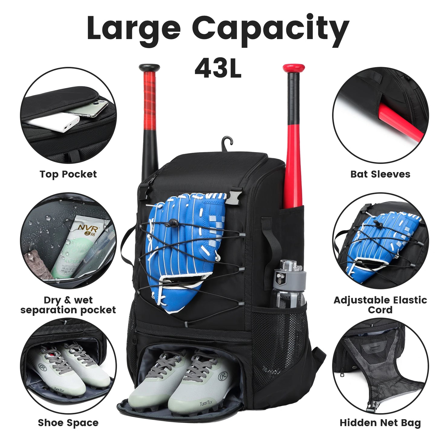 Baseball Equipment Bag Baseball Backpack with Shoe Compartmen,t Softball Bat Bag Large Capacity Sport Baseball Backpack