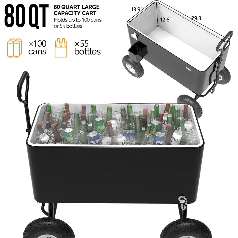 80 Quart Wagon Rolling Cooler Ice Chest, w/Long Handle and 10" Wheels, Portable Beach Patio Party Bar Cold Drink Beverage