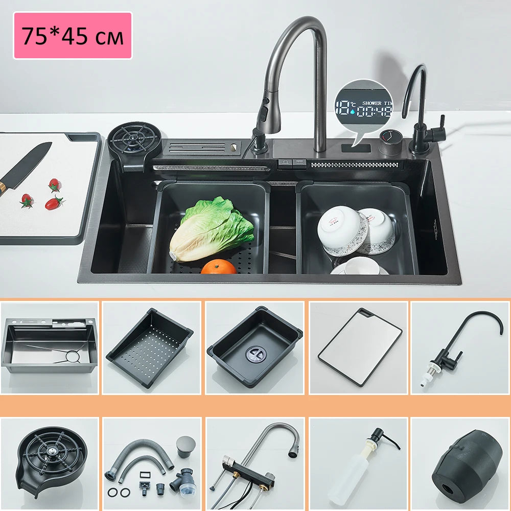 Waterfall Kitchen Sink Stainless Steel Sink Large Single basin With Single Slot Sink Above Counter